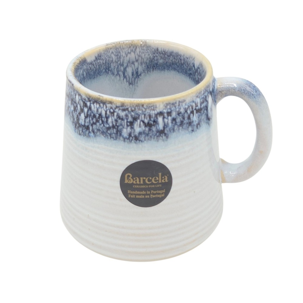 Barcela Handmade Stoneware Coffee Mug White Blue Reactive Drip Glaze Portugal